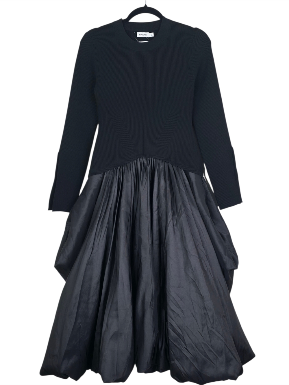 Simkhai Kenlie Black Midi Dress Ribbed Knit Mock Neck Taffeta Taylor Swift L - Picture 3 of 10